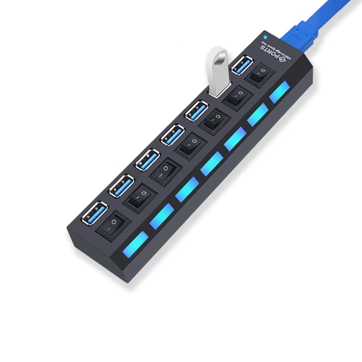 Hub USB 3.0 cu 7 porturi, butoane ON/OFF individuale, led indicator K KATHODE