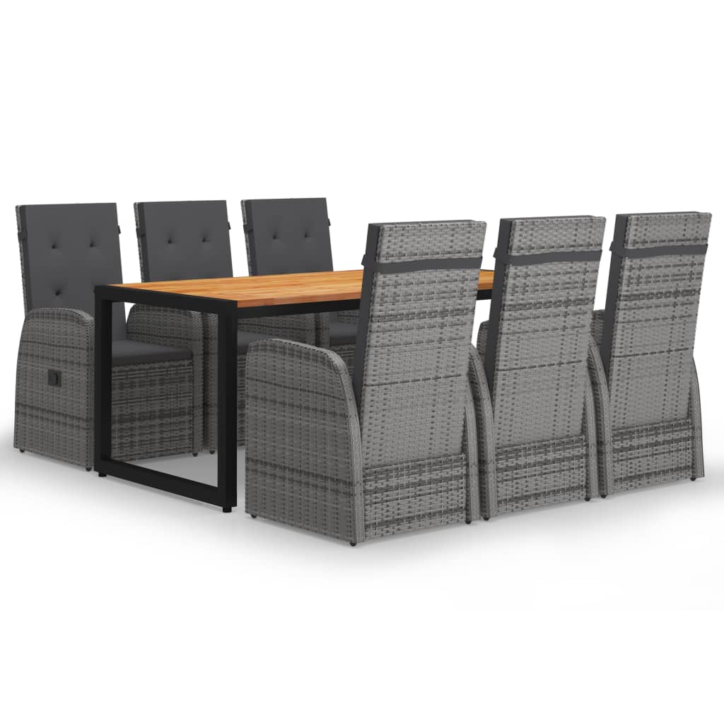 Set mobilier de gradina 7 piese masa cu fotolii reglabile cu perne, vidaXL, Ratan si lemn masiv de acacia, 180 x 90 x 75 cm, Gri si maro