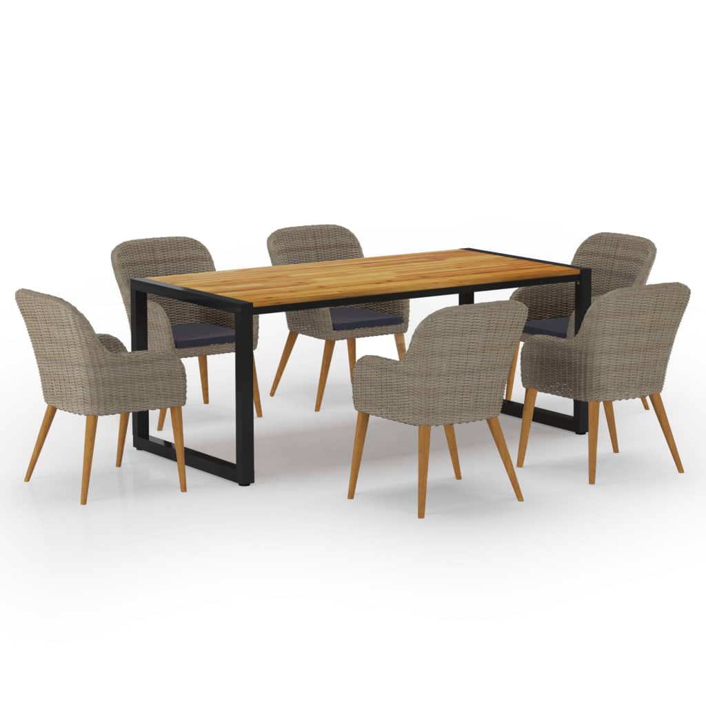 Set mobilier de gradina 7 piese masa cu 6 scaune, vidaXL, Ratan/Lemn acacia/Otel, 180 x 90 x 75 cm, maro