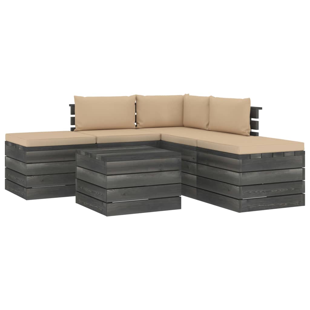Set mobilier de gradina 6 piese, din paleti cu perne, canapea L cu masuta, vidaXL, Lemn masiv de pin, Gri cu perne bej