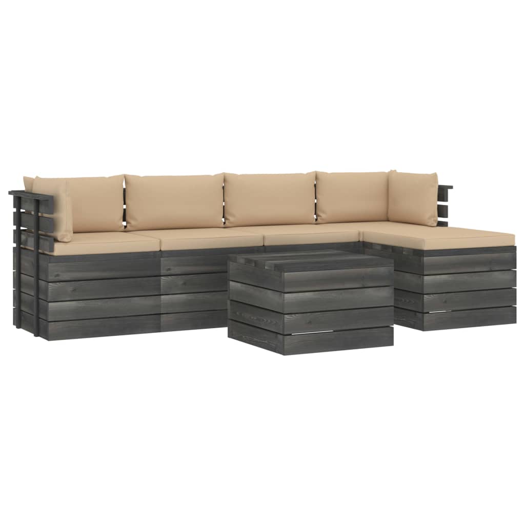 Set mobilier de gradina 6 piese, din paleti cu perne, canapea cu masuta, vidaXL, Lemn masiv de pin, Gri cu perne bej