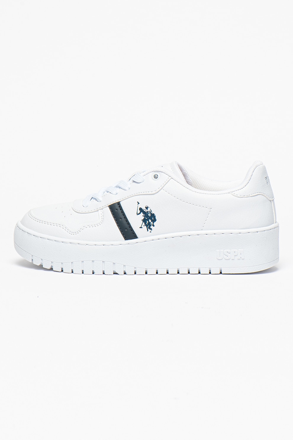 U.S. Polo Assn., Pantofi sport de piele ecologica cu segment perforat Baldo, Alb/Bleumarin