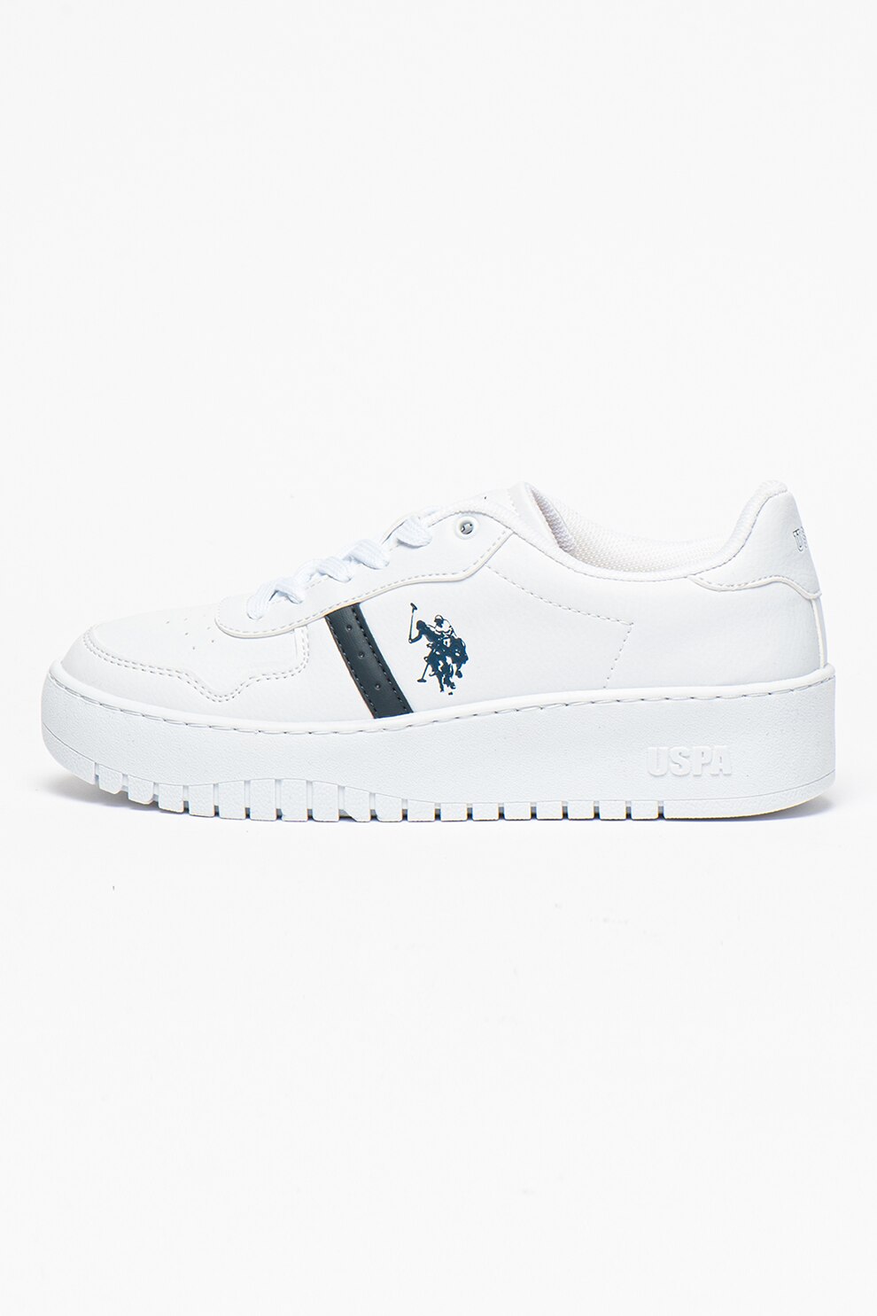 U.S. Polo Assn., Pantofi sport de piele ecologica cu segment perforat Baldo, Alb/Bleumarin
