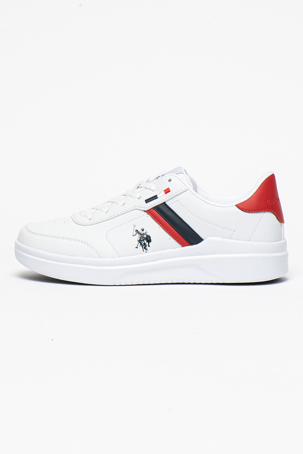 U.S. Polo Assn., Pantofi sport de piele ecologica Berkeley, Alb/Bleumarin/Rosu