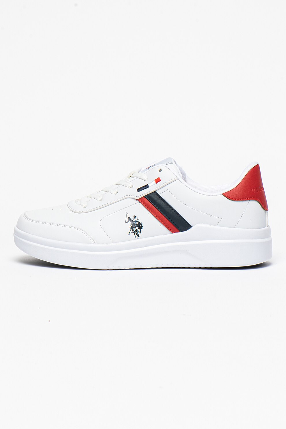 U.S. Polo Assn., Pantofi sport de piele ecologica Berkeley, Alb/Bleumarin/Rosu