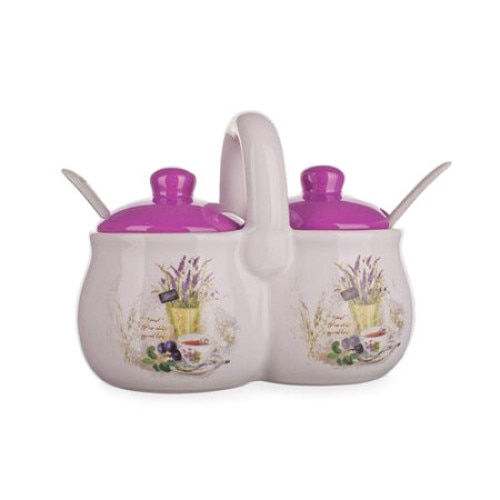 Set 2 borcane ceramica cu capac si lingurita Banquet lavanda 210 ml