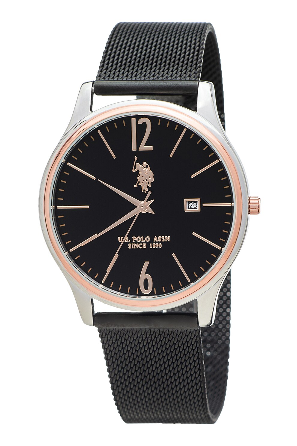 U.S. Polo Assn., Ceas din otel inoxidabil cu model plasa, Negru/Argintiu
