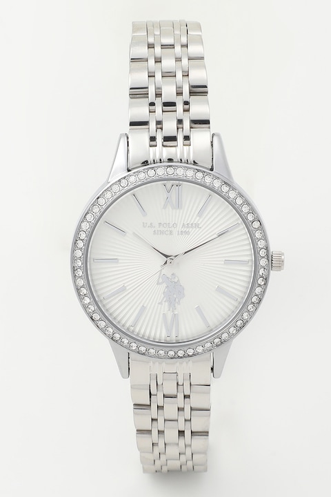 U.S. Polo Assn., Иноксов часовник с циркони, Сребрист / Бял