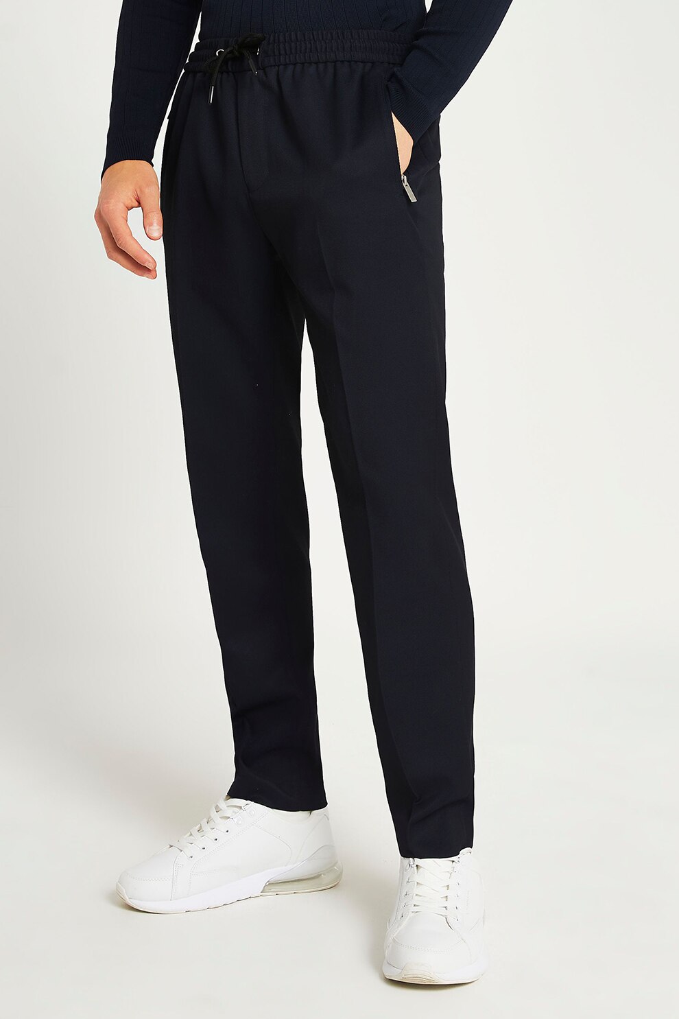 River Island, Pantaloni slim fit cu talie elastica, Bleumarin inchis