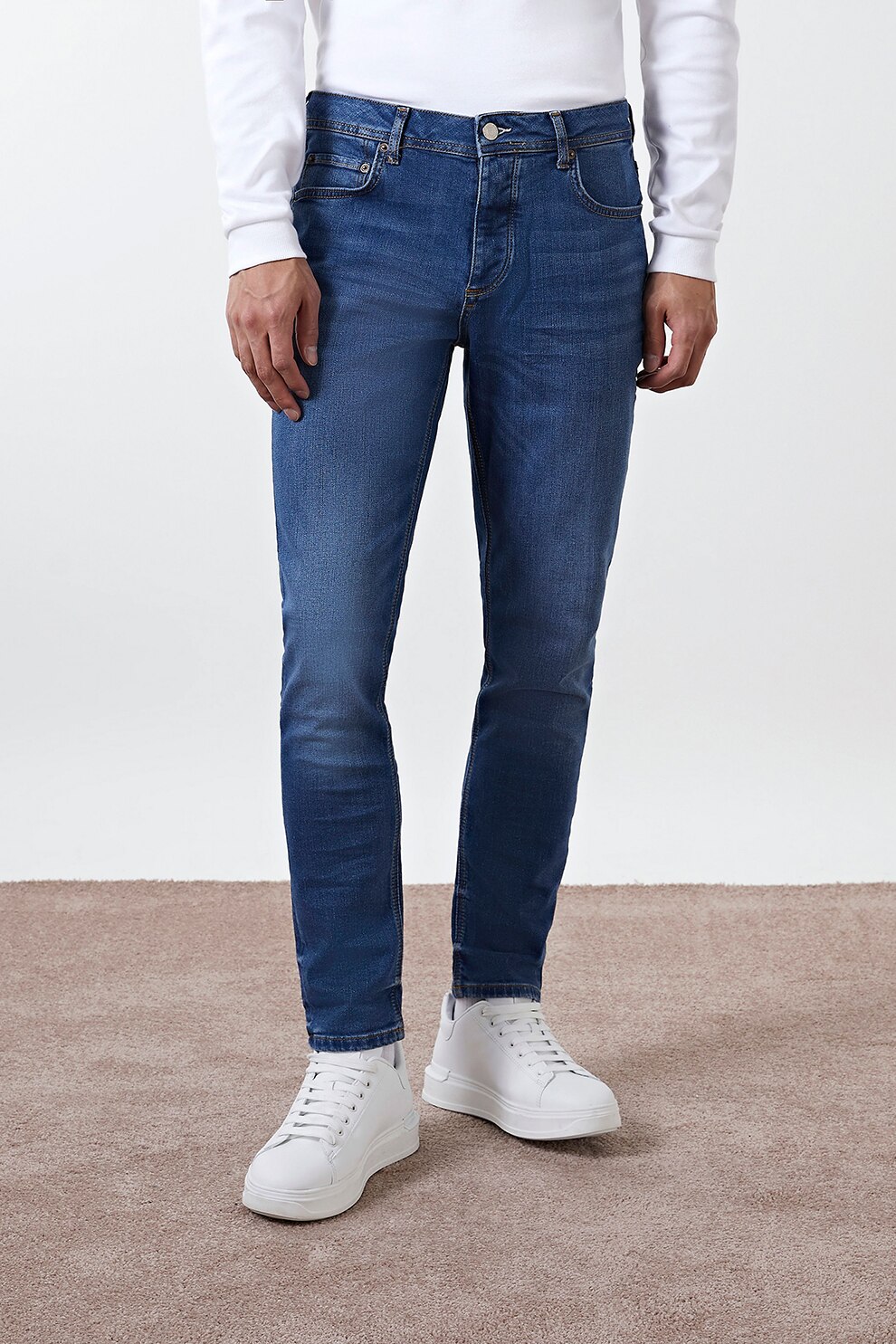 River Island, Blugi skinny cu aspect decolorat, Albastru inchis