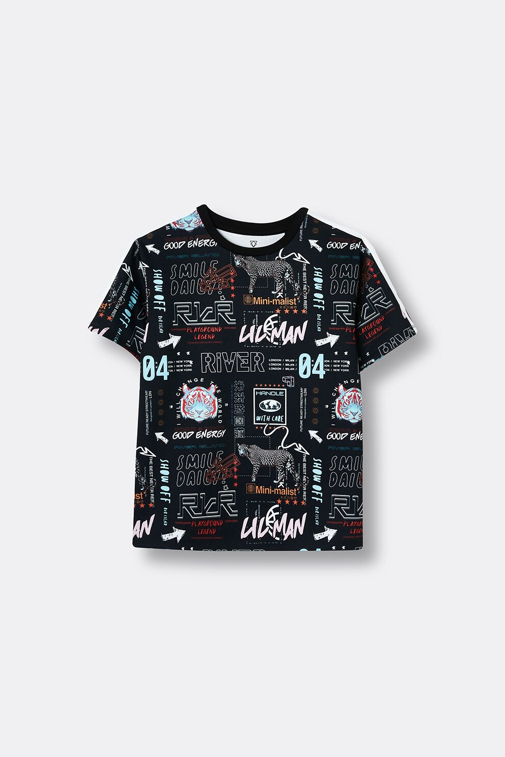 River Island, Tricou cu decolteu la baza gatului si modele diverse, Negru/Alb/Oranj