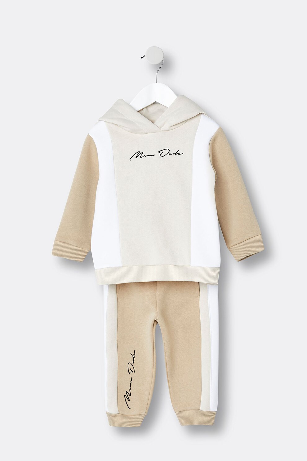 River Island, Set de pantaloni sport si hanorac cu model colorblock - 2 piese, Maro/Alb