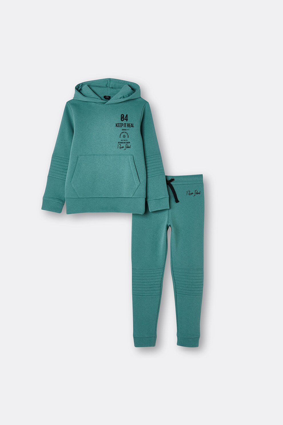 River Island, Set de hanorac si pantaloni sport cu model text - 2 piese, Verde persan