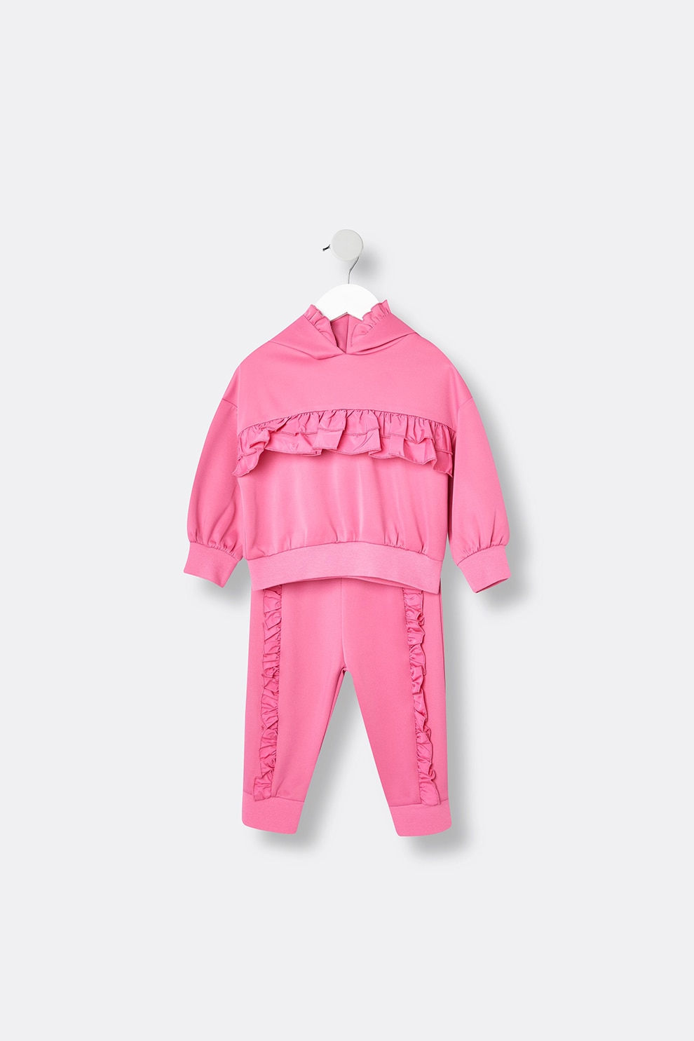 River Island, Set de hanorac si colanti cu volane - 2 piese, Fucsia