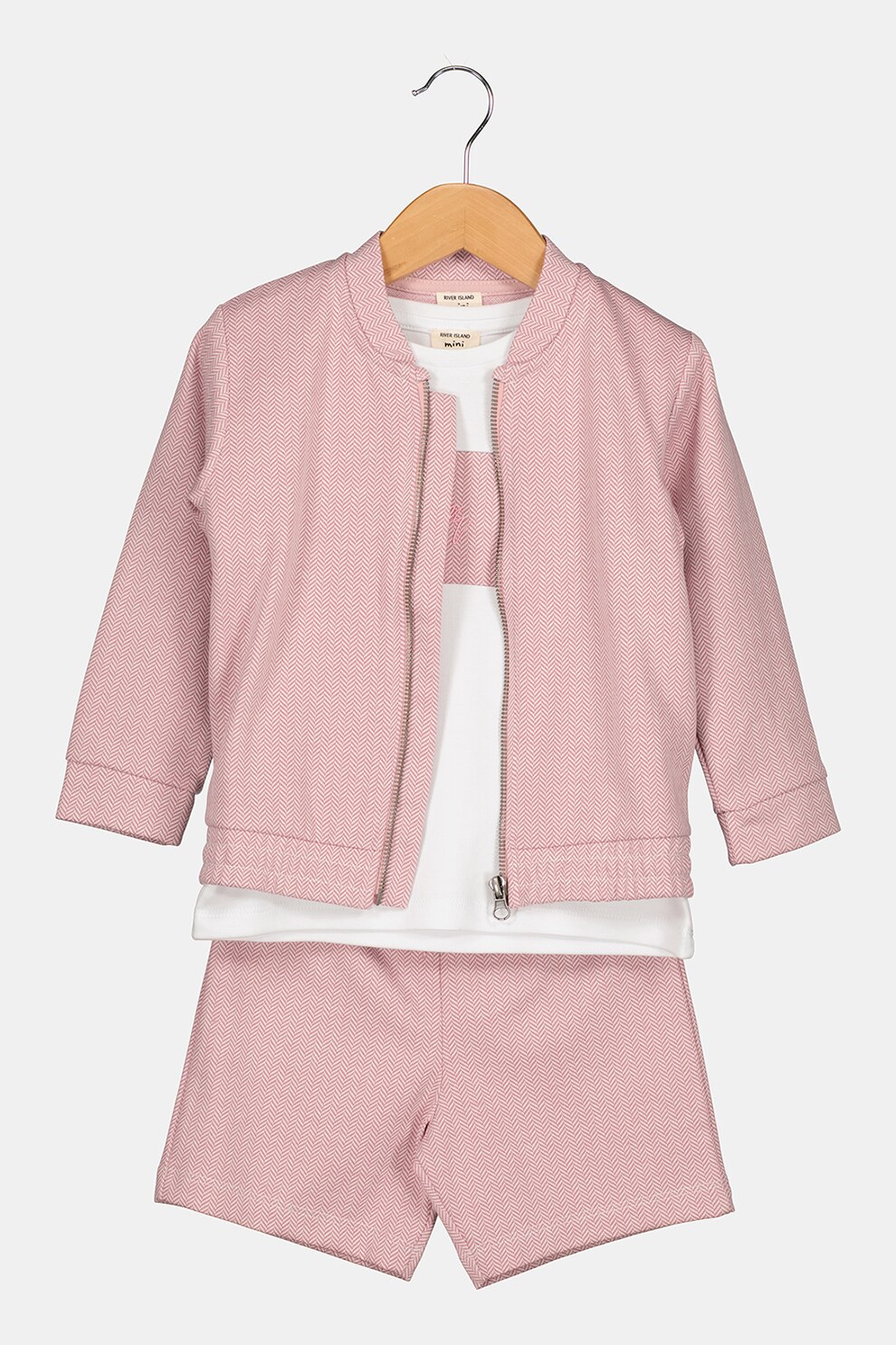 River Island, Set de bluza sport cu fermoar, tricou si pantaloni scurti- 3 piese, Rosu stins/Alb