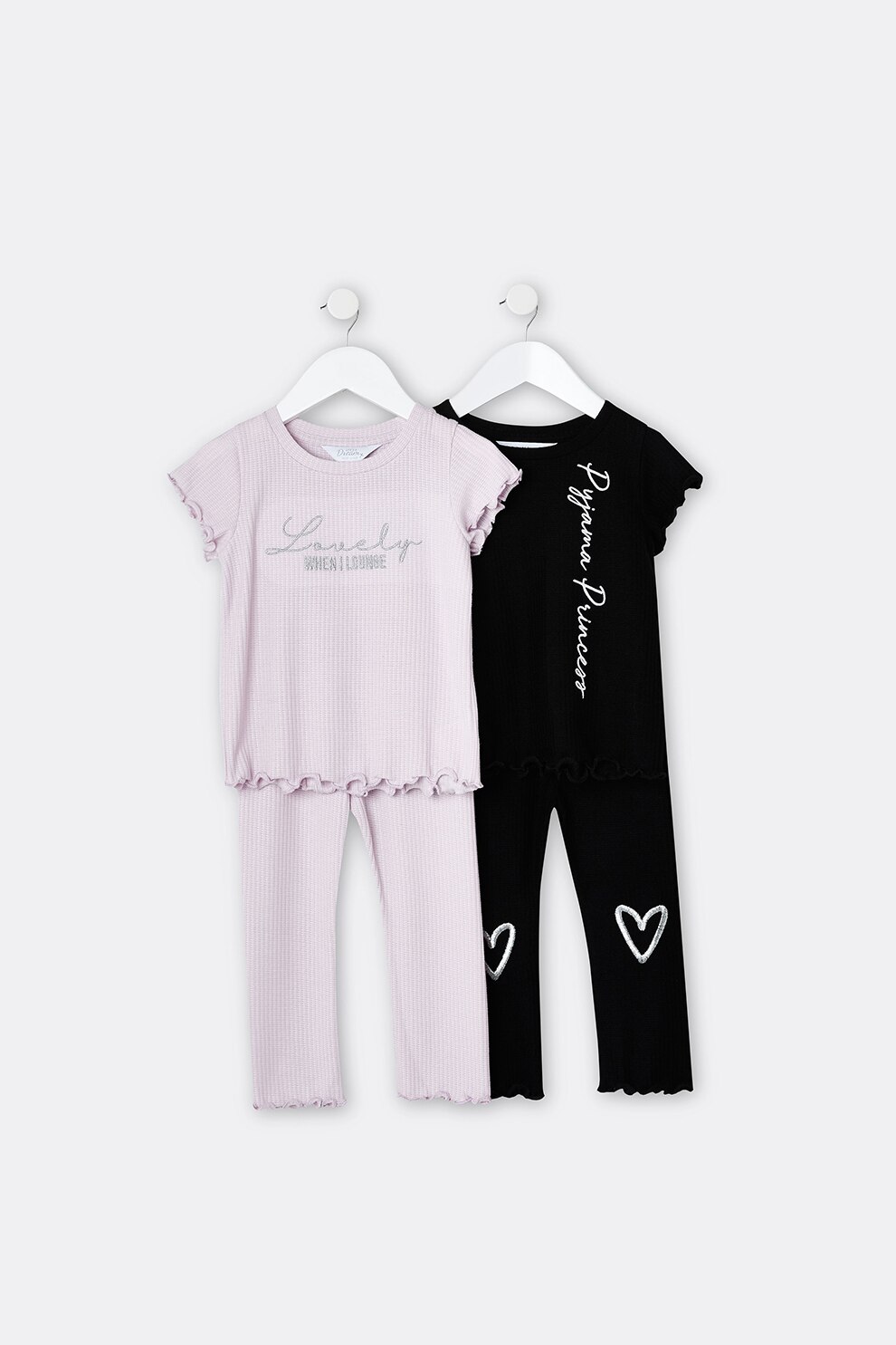 River Island, Set de tricouri cu decolteu la baza gatului si pantaloni sport cu margini valurite - 4 piese, Negru/Lila, 86 CM