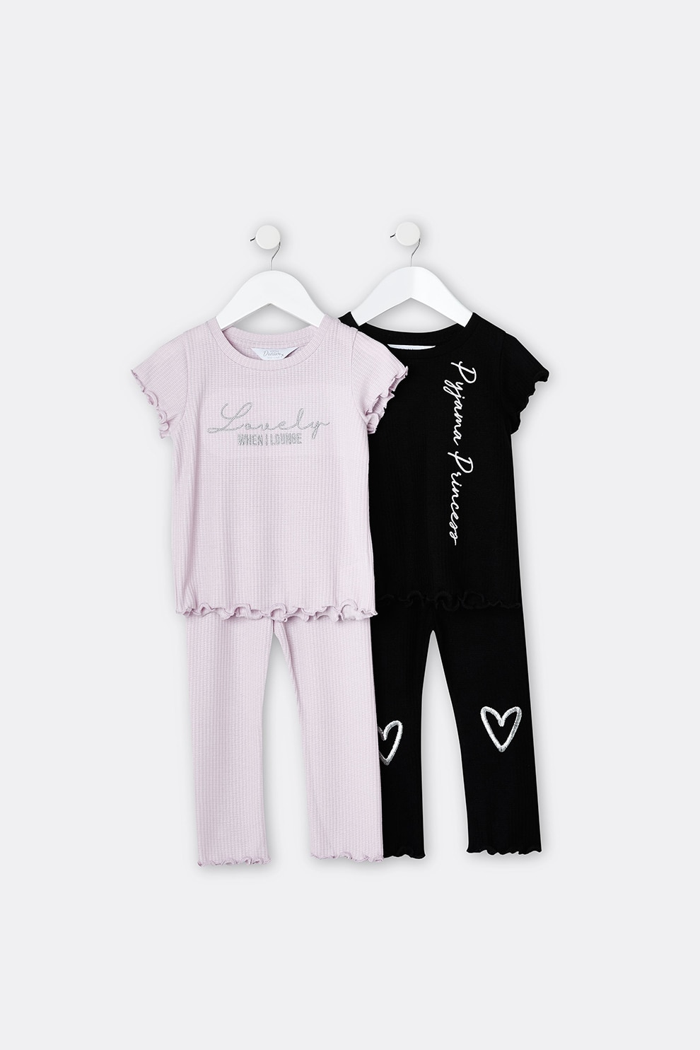 River Island, Set de tricouri cu decolteu la baza gatului si pantaloni sport cu margini valurite - 4 piese, Negru/Lila