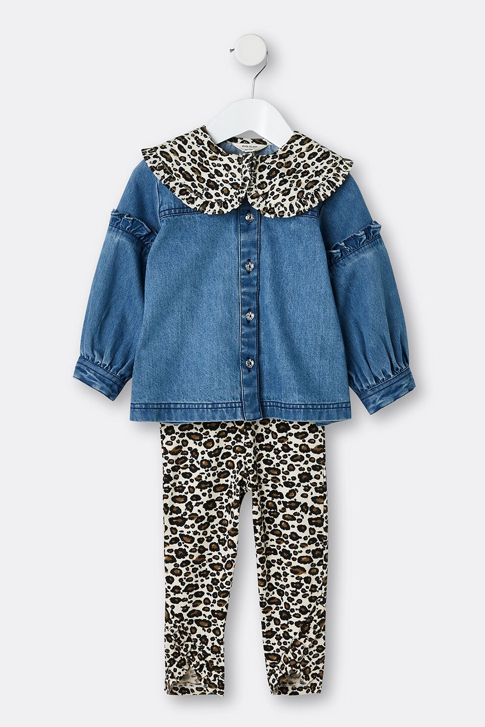 River Island, Set de bluza si colanti cu animal print, 2 piese, Albastru/Negru/Alb prafuit