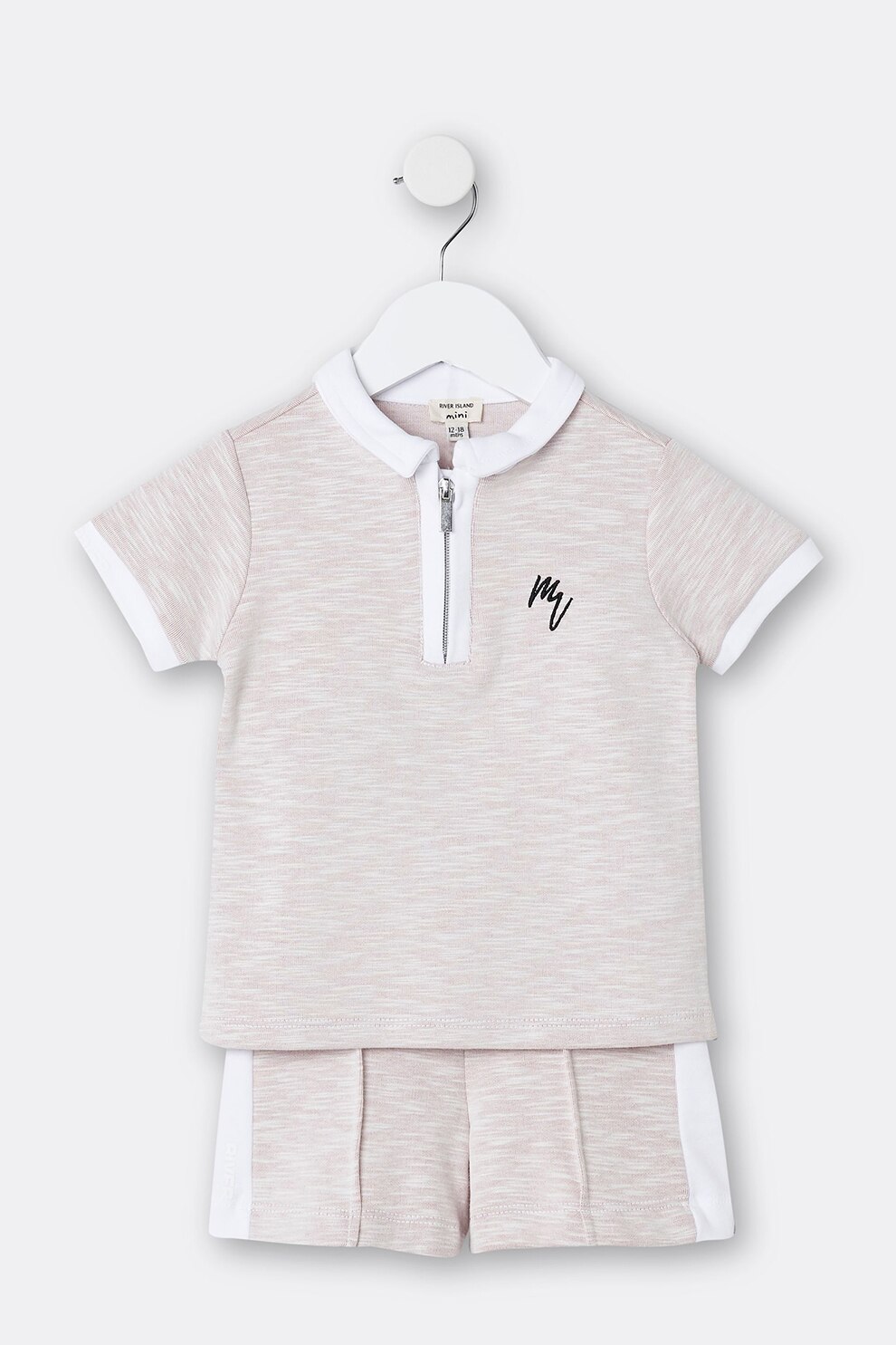 River Island, Set de tricou si pantaloni scurti, Maro melange/Alb