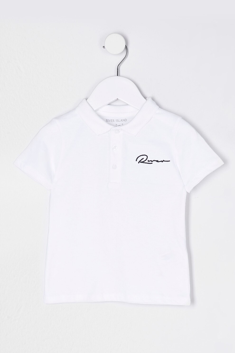 River Island, Tricou polo de pique cu logo brodat, Alb optic