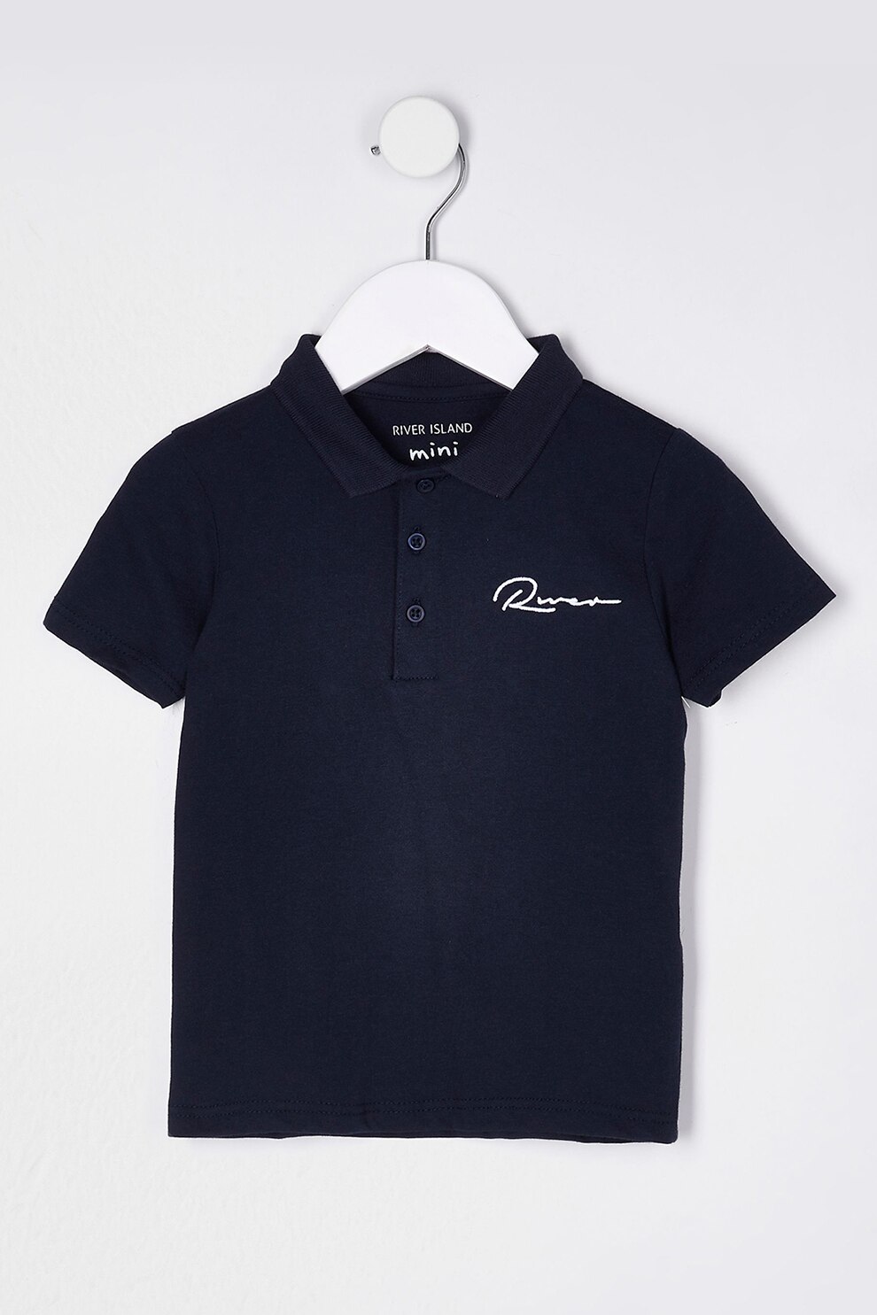 River Island, Tricou polo de pique cu logo brodat, Bleumarin inchis