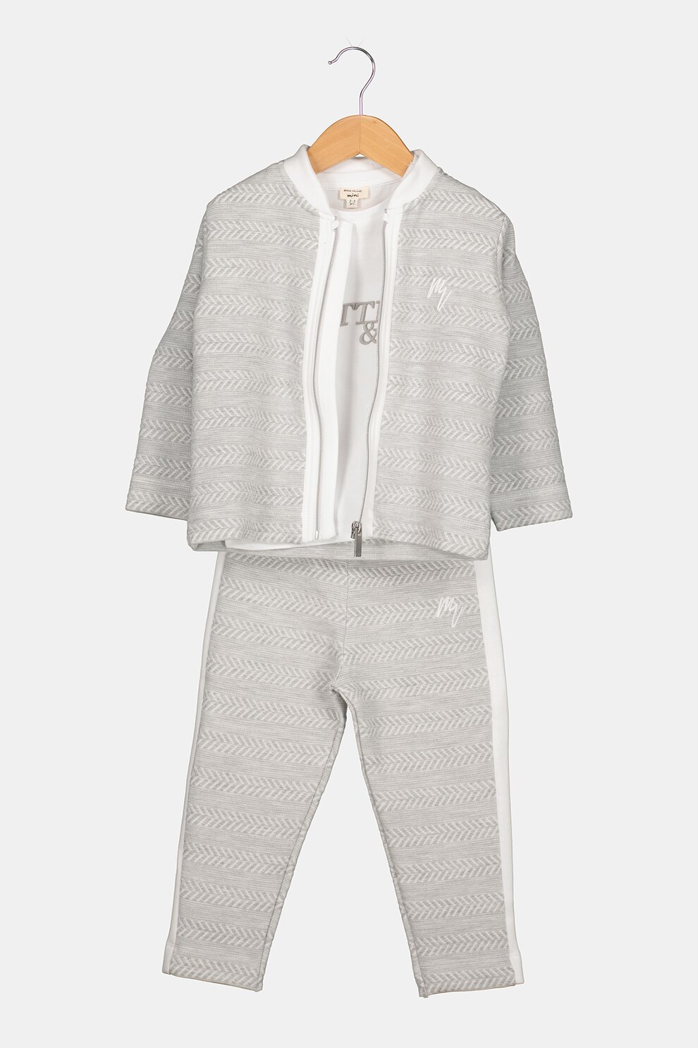 River Island, Set de bluza sport cu fermoar, tricou si pantaloni sport - 3 piese, Gri/Alb