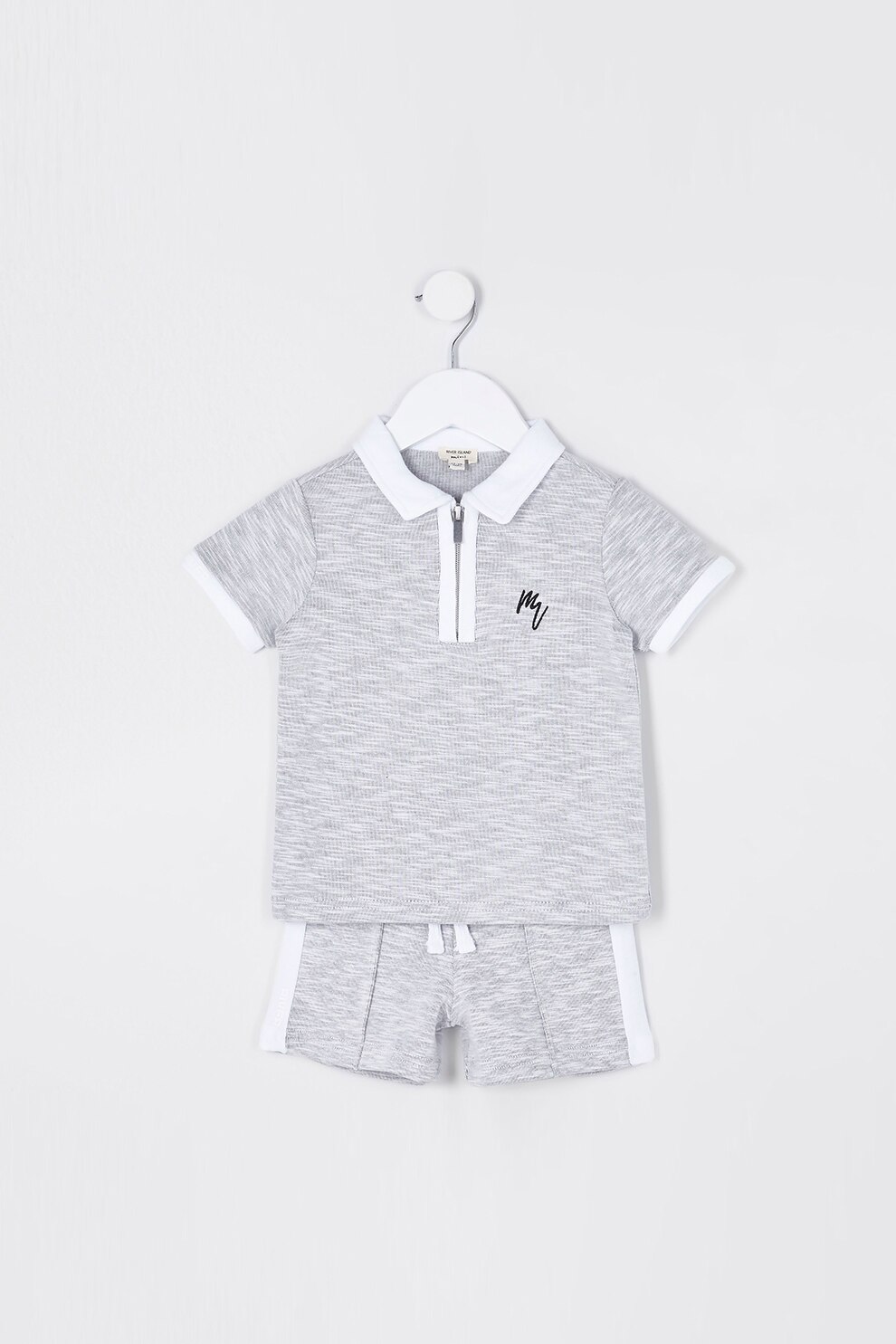 River Island, Set de pantaloni scurti si tricou din amestec de bumbac - 2 piese, Gri melange/Alb