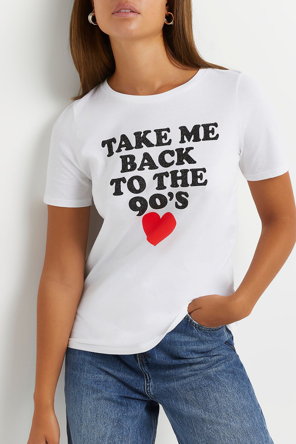 River Island, Tricou cu decolteu rotund si imprimeu, Alb/Negru/Rosu