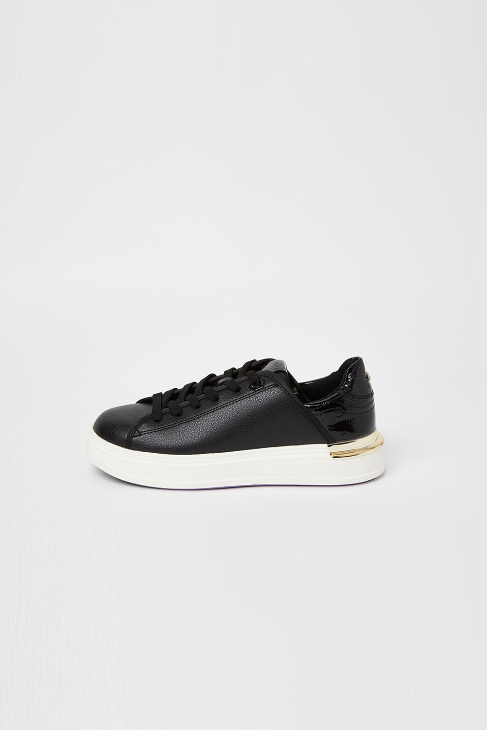River Island, Pantofi sport de piele ecologica cu insertii lacuite, Negru