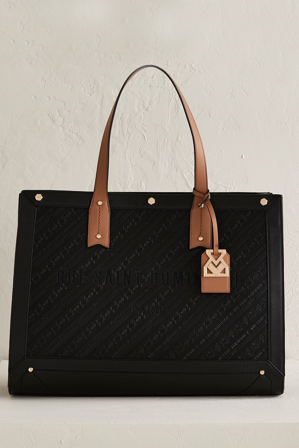 River Island, Geanta shopper de piele ecologica cu model stantat, Negru/Maro scortisoara