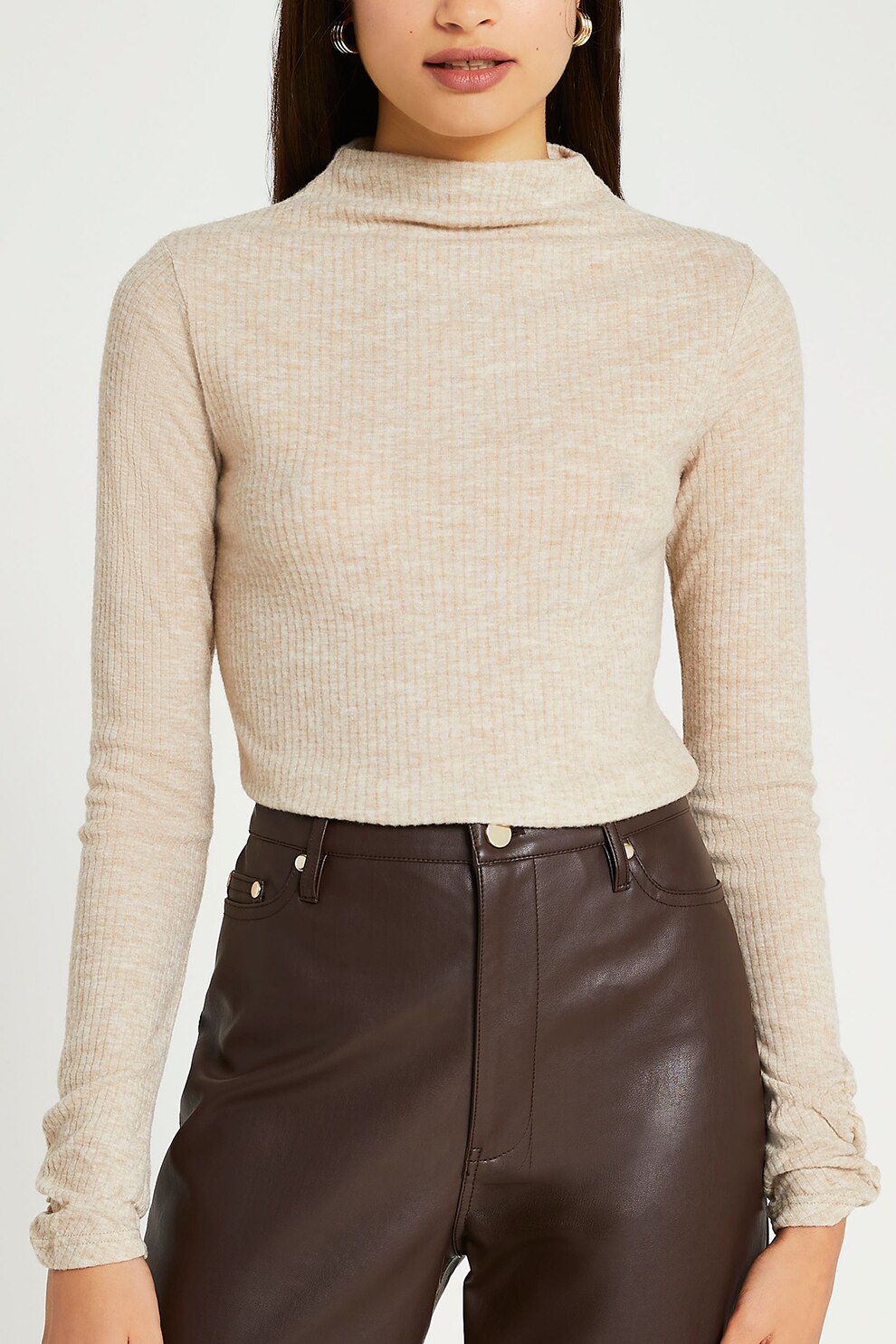 River Island, Pulover cu striatii si guler scurt, maro melange, 2XS