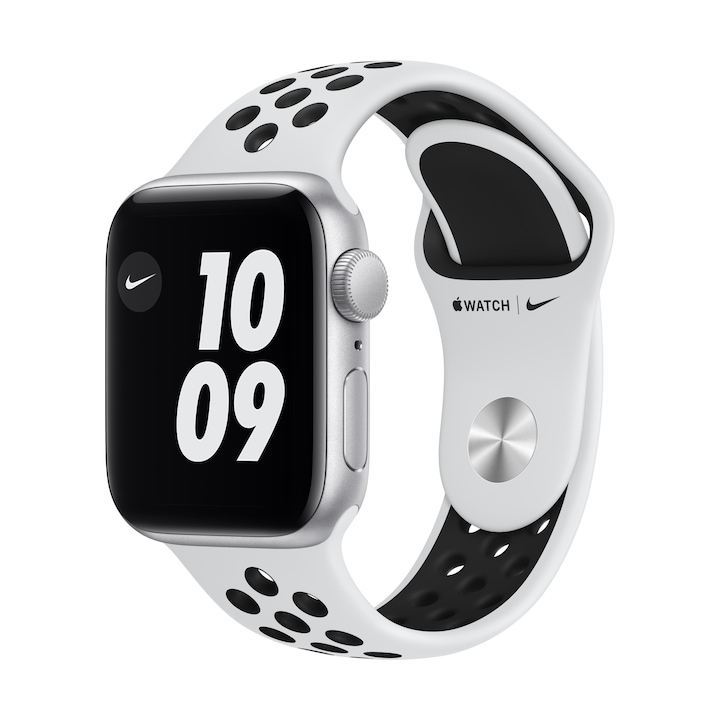 Apple Watch Nike SE (v2) GPS, 40mm, ezüst, fehér/fekete Nike sportszíjjal
