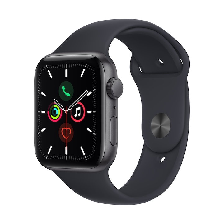 Apple Watch SE (v2) GPS, 44mm, sötétszürke, éjfekete sportszíjjal