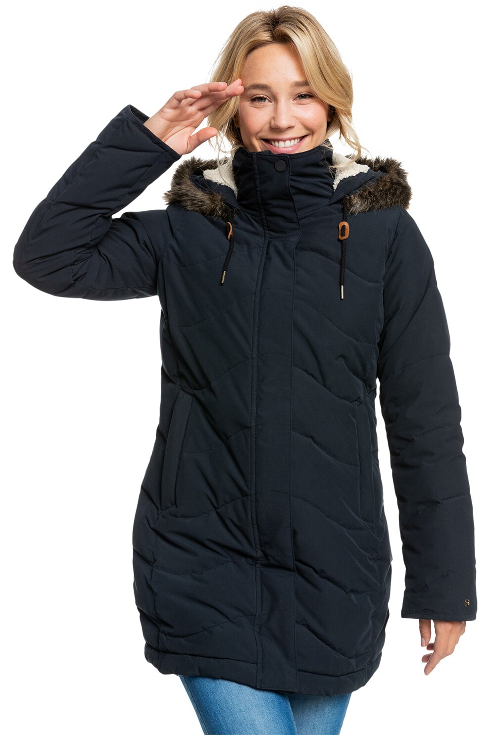 ROXY, Geaca impermeabila cu blana sintetica Ellie, Bleumarin inchis, S