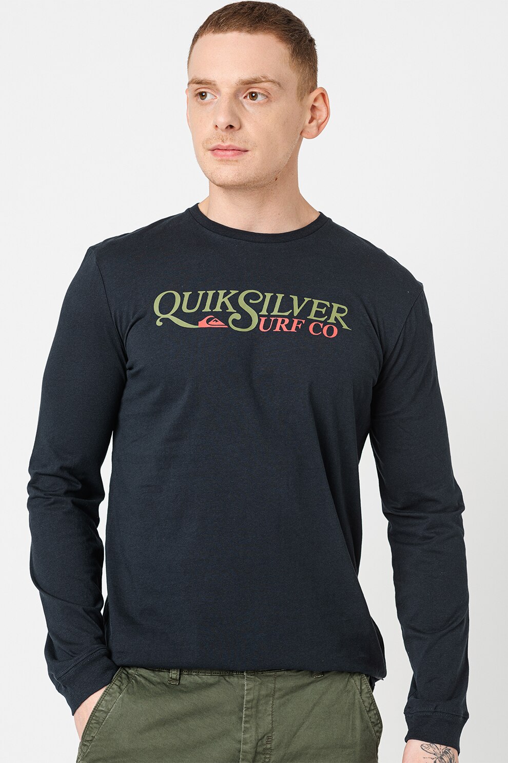 QUIKSILVER, Bluza cu imprimeu logo, negru/verde militar/corai