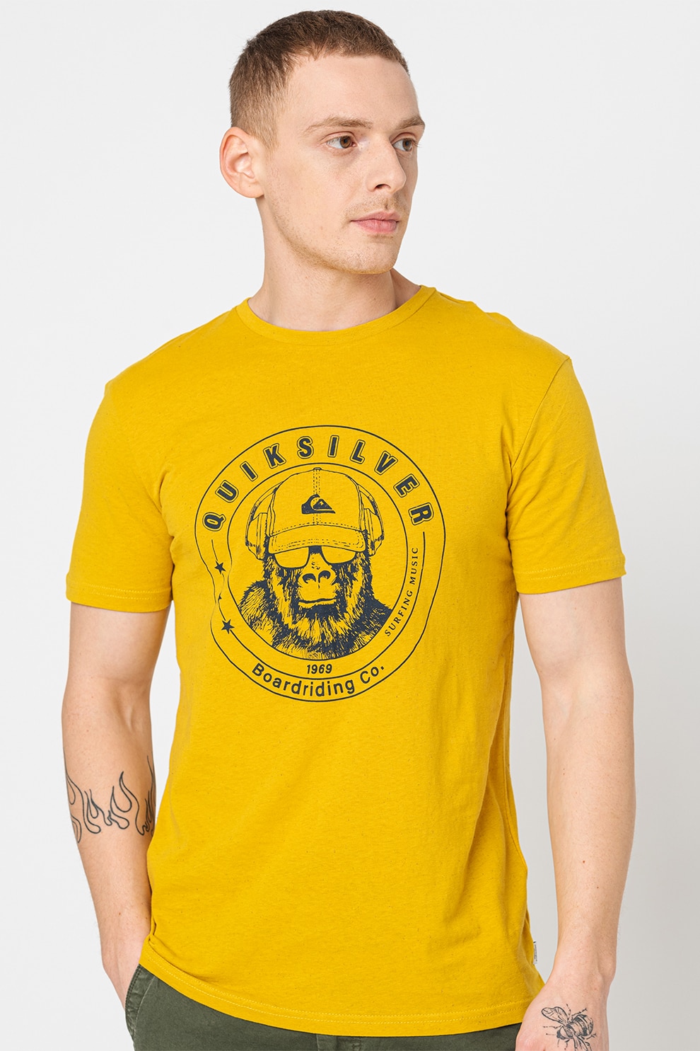 QUIKSILVER, Tricou cu imprimeu logo, Galben mustar/Bleumarin inchisi