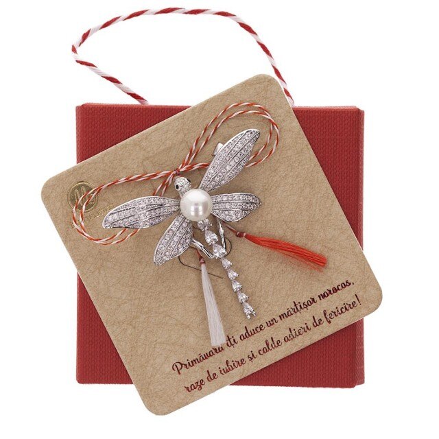 Brosa Gold Plated Libelula Argintie