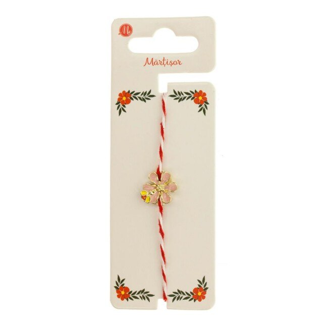 Bratara Aurie Martisor cu Floare Roz si Albinuta