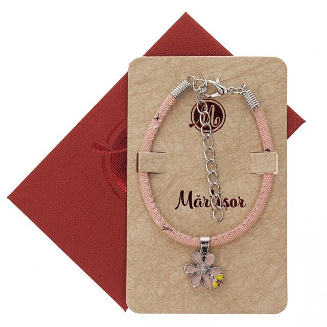 Bratara Roz cu Floare Roz si Albinuta