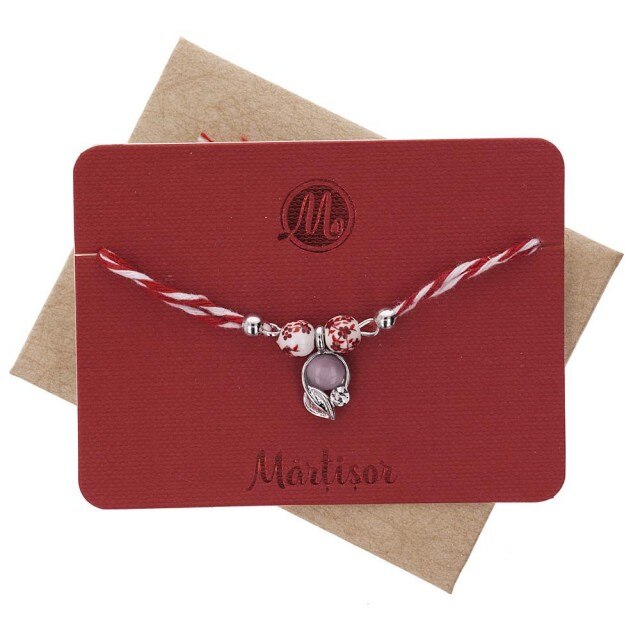 Bratara Martisor Ceramic Frunza cu Piatra Roz