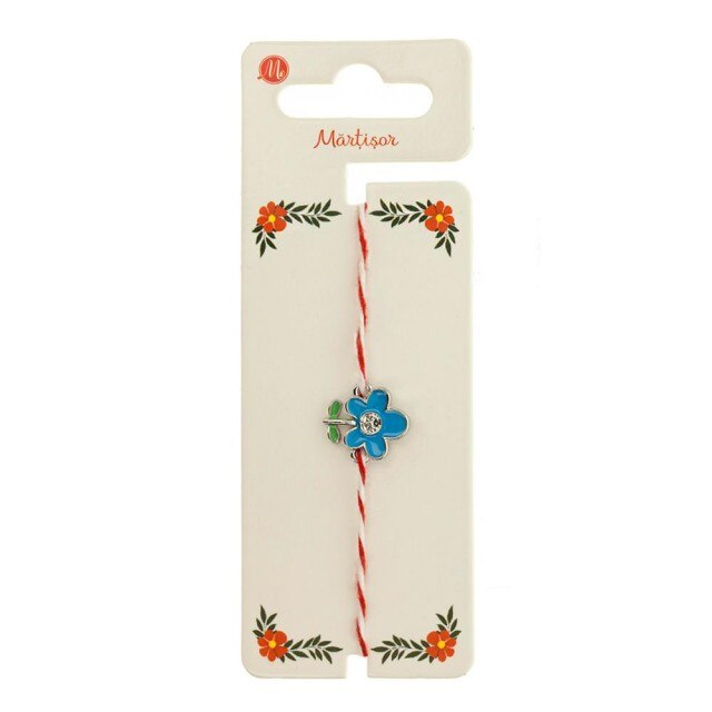 Bratara Argintie Martisor cu Floare Albastra si Frunzulite