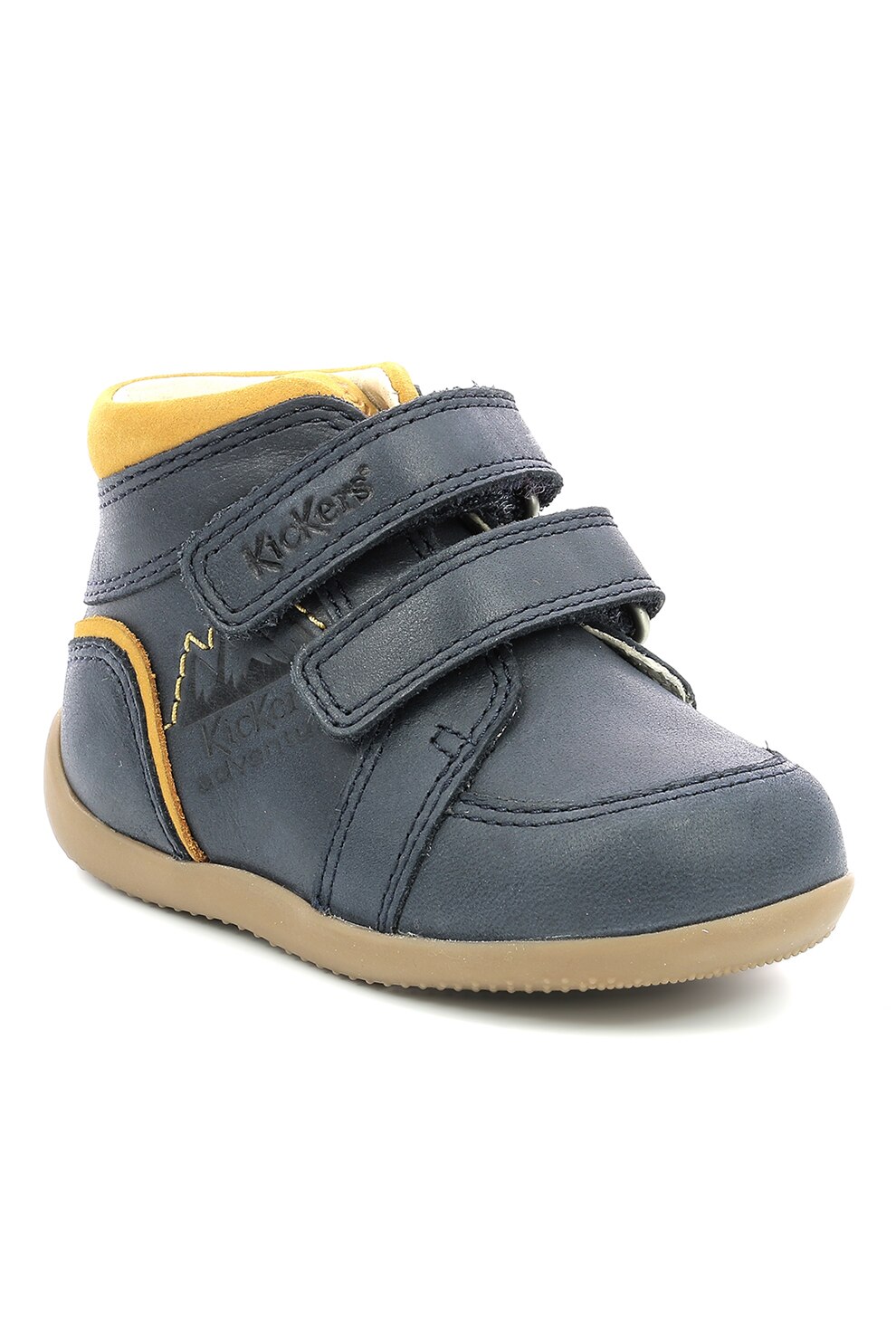 Kickers kids, Ghete de piele si piele intoarsa cu velcro, Bleumarin/Galben