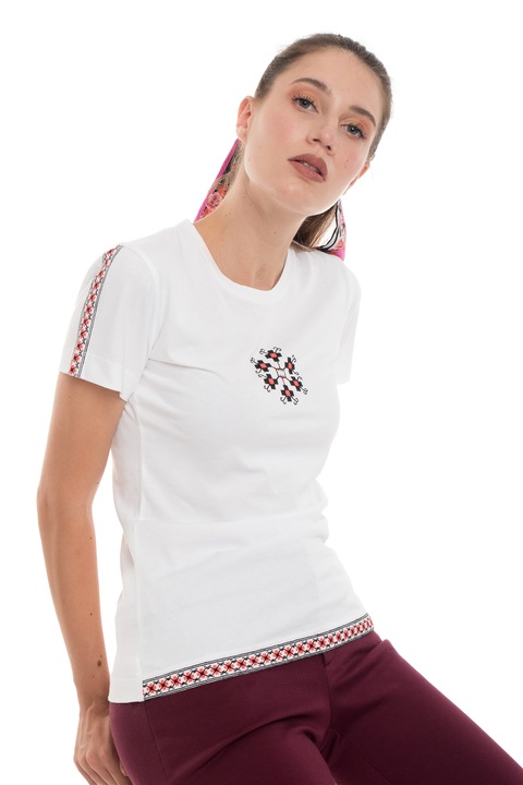 Tricou The Dresser, bumbac alb, broderie, fucsia neon si negru