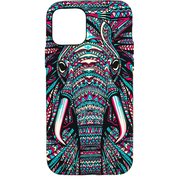 Husa de telefon, LUXO, compatibil cu iPhone 12 / 12 Pro, model Tribal Elephant cu efect fosforescent, TPU, multicolor