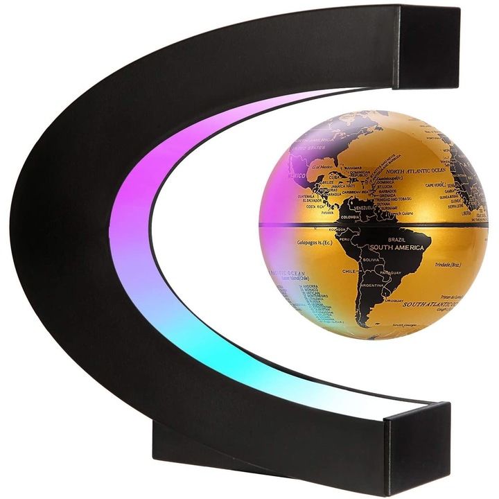 Glob pamantesc magnetic plutitor cu iluminare LED, C-Shape, Auriu, Echo Soul®