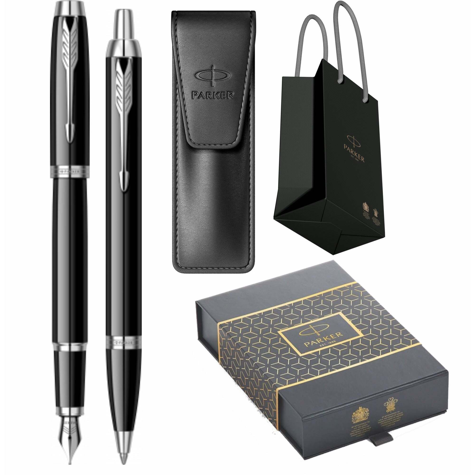 Set Parker Stilou Pix IM Royal Black Lacquer CT Personalizat prin Gravura Laser in cutie duo, etui Leather Black si punga