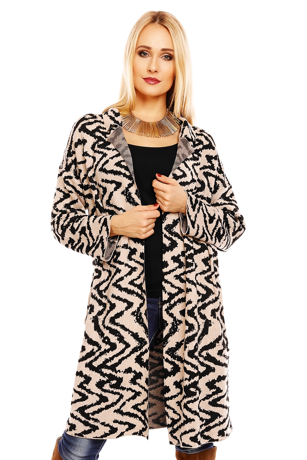 Cardigan calduros cu model in zig zag, Maro Negru, S-M