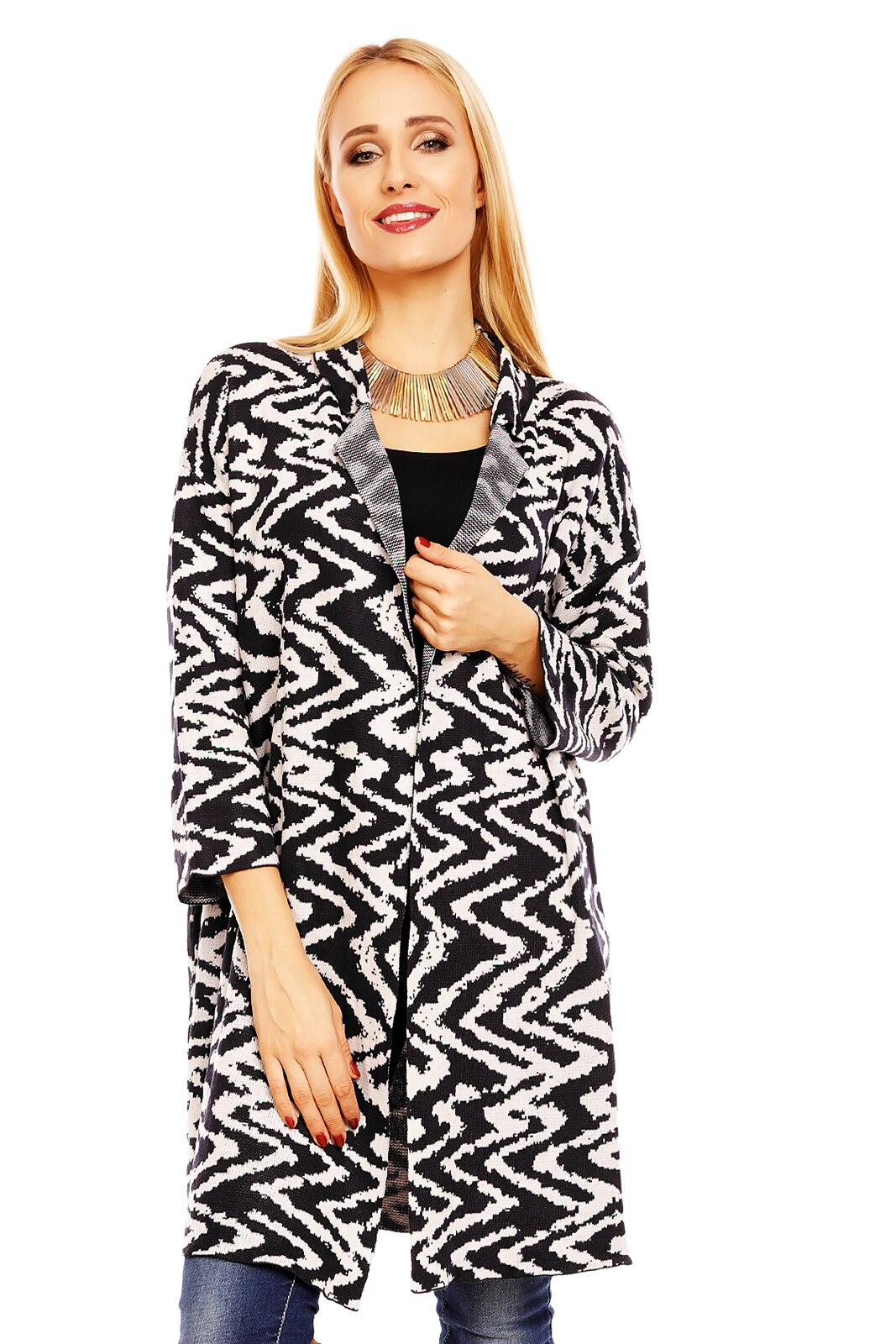 Cardigan calduros cu model in zig zag, Bej negru, S-M