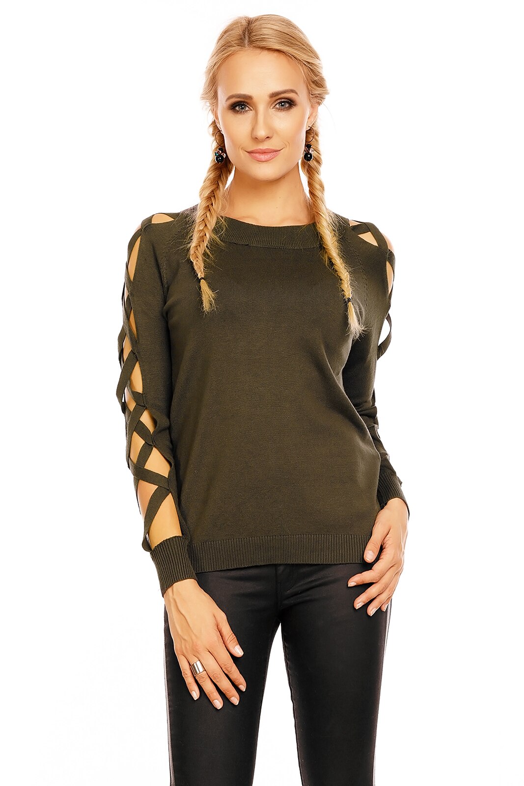 Pulover dama cu decupaje pe maneci, Kaki, S-M