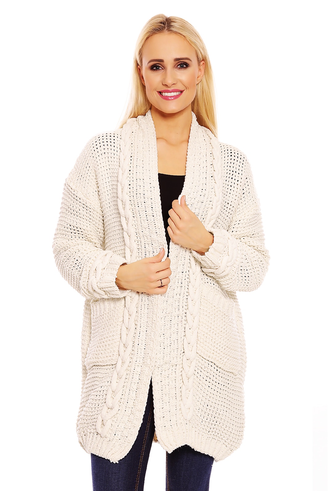 Cardigan calduros cu guler tricotat, Bej, S-L